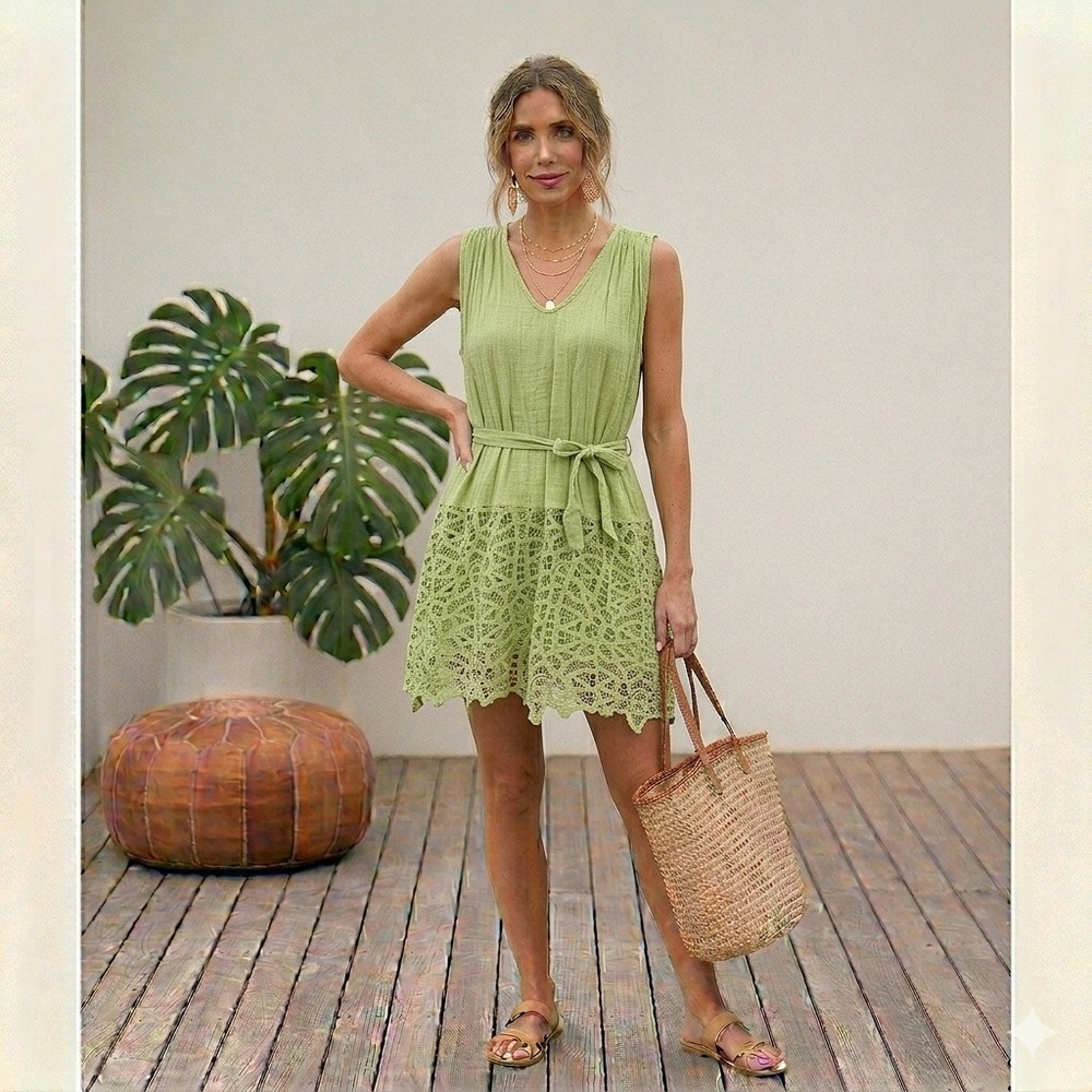 Miilla Dress Womens Large Green Lace Crochet Tank Sleeveless Mini Linen